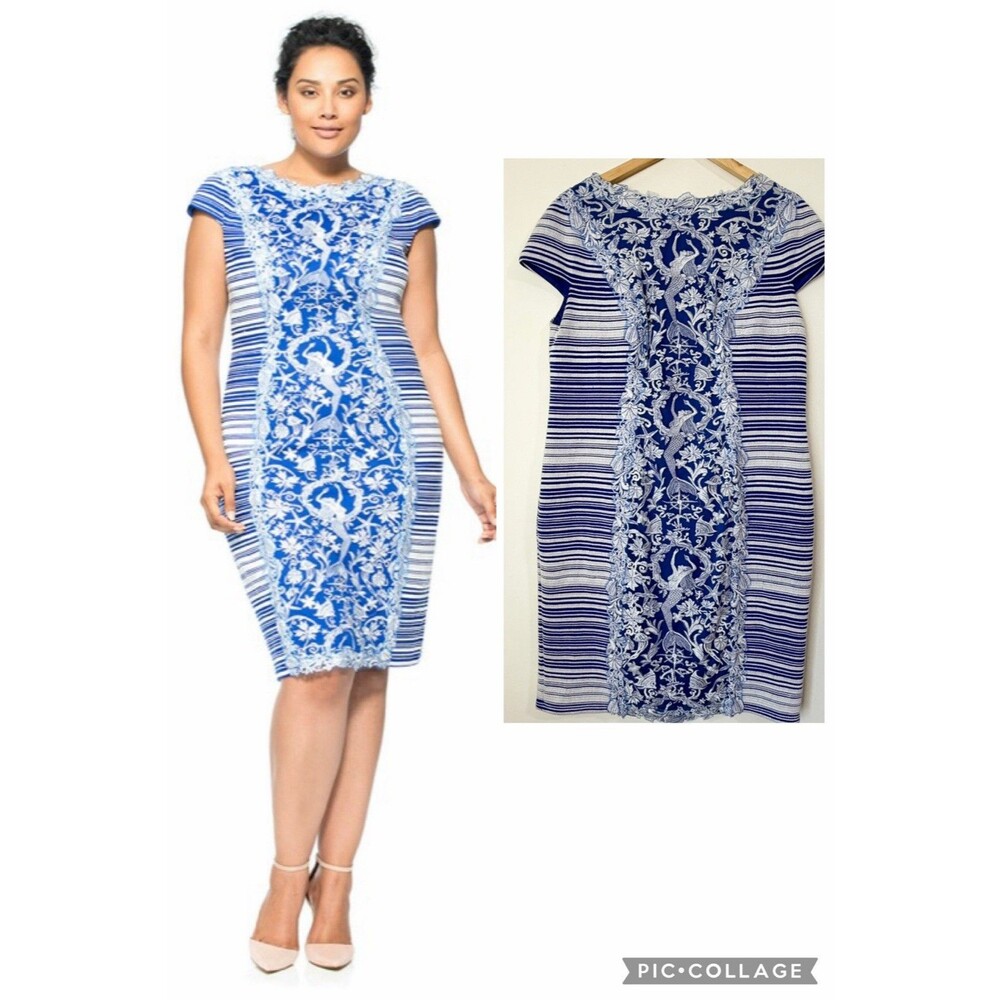 Tadashi Shoji Embroidered Mermaid Blue & White Sheath Cocktail Dress Women’s 1X